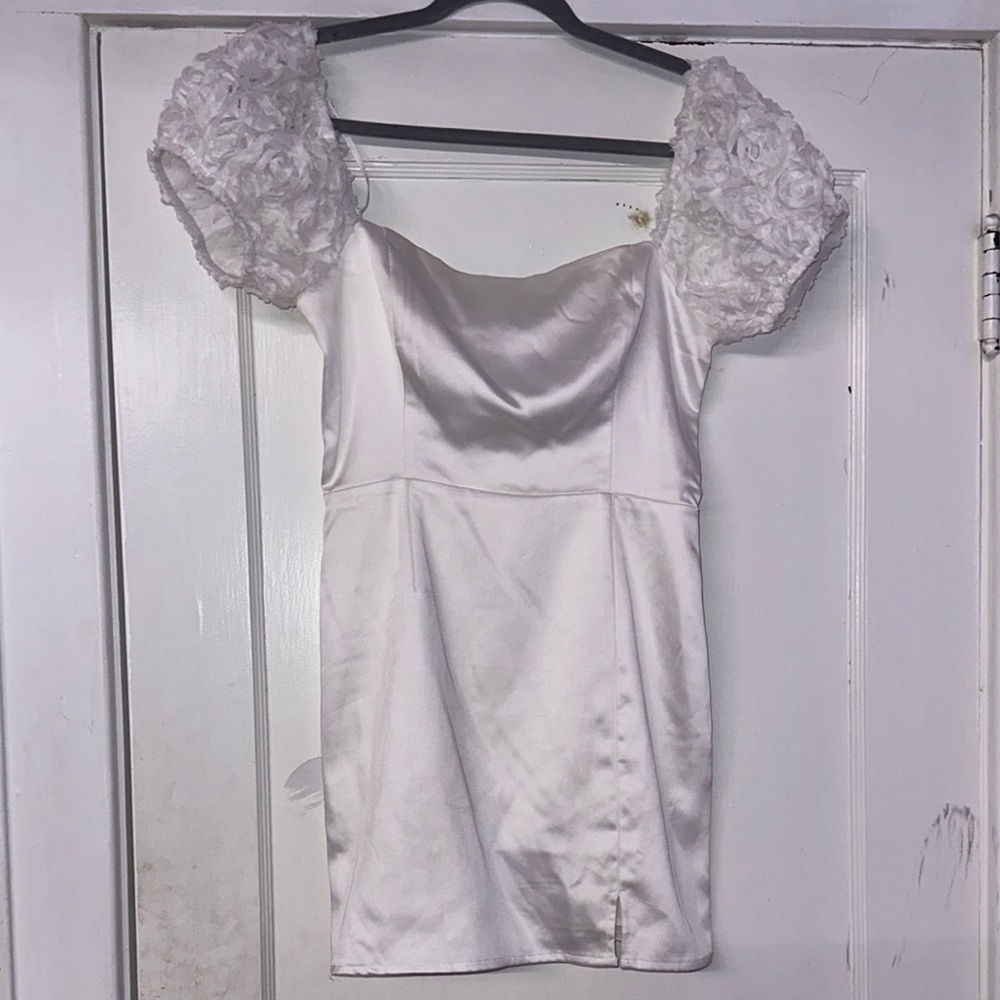 Lulu's White Satin Mini Dress with Floral Sleeves